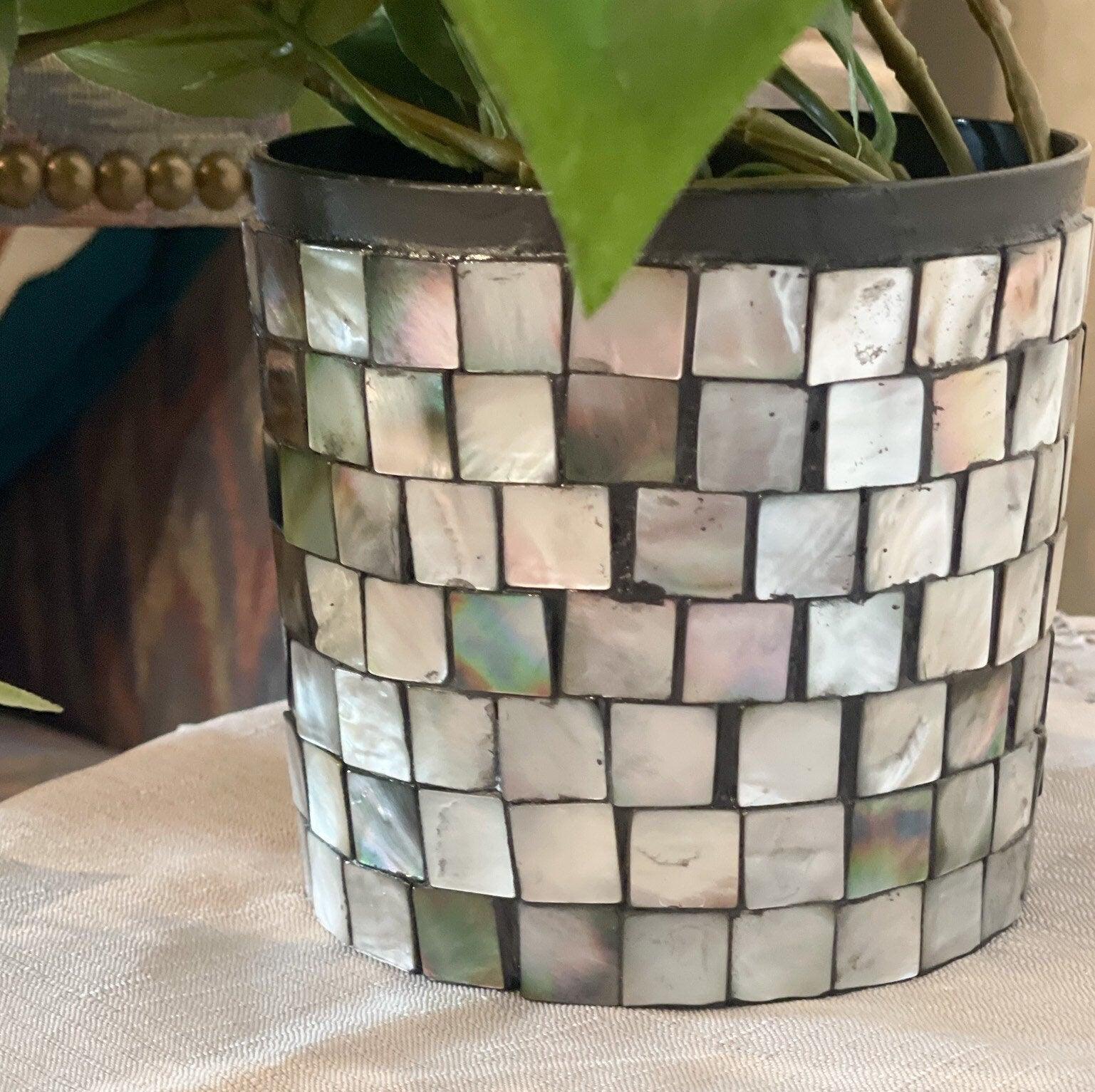 Luminous smoky pearl mosaic vase with intricate glass tile design, showcasing a glossy, elegant decorative piece for home decor