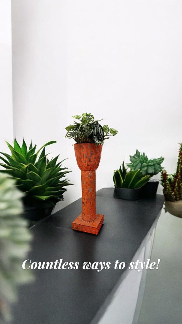 Tall Orange Decorative Planter| Handmade | Burnt Orange | Handpainted| Plant Tower | Recycled Materials