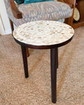 Handmade tall mosaic plant stand with colorful tiled design, perfect for indoor or outdoor plants.