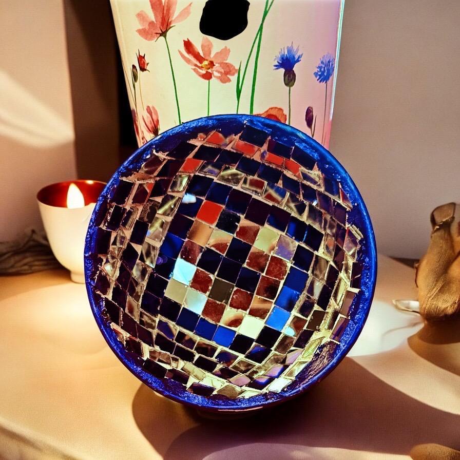 Handcrafted blue and silver mosaic disco bowl with intricate patterns, perfect for decorative or serving use.