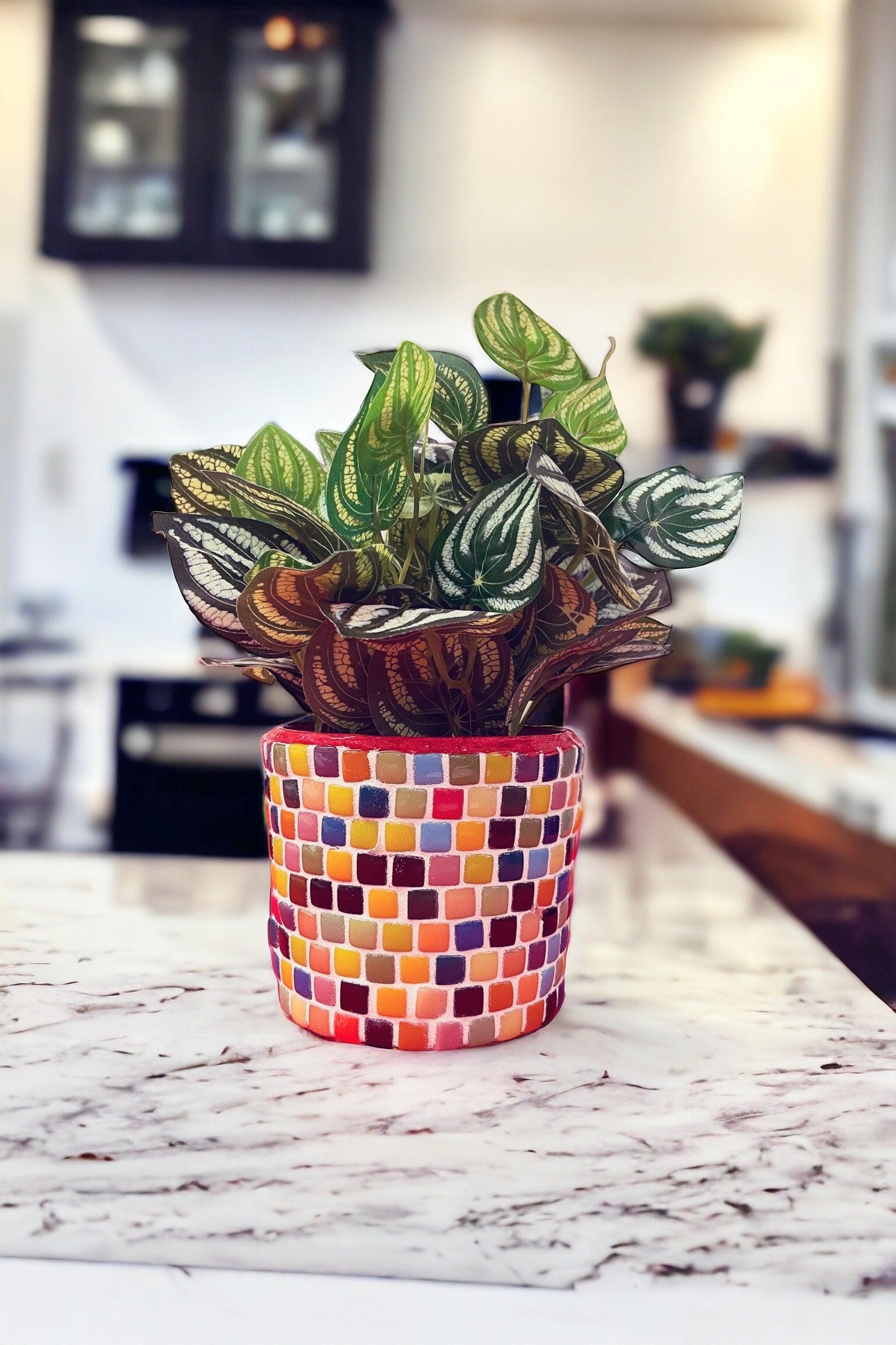 Vibrant rainbow mosaic planter with intricate handcrafted design, perfect for indoor or outdoor plants.
