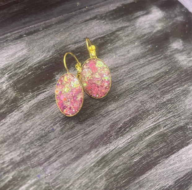 Pink Iridescent Glass Crystal Earrings – Stainless Steel Gold Posts
