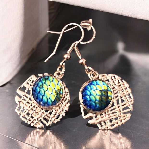 Turquoise and Silver Dangle Earrings - Elegant Fishscale Cabochon Design