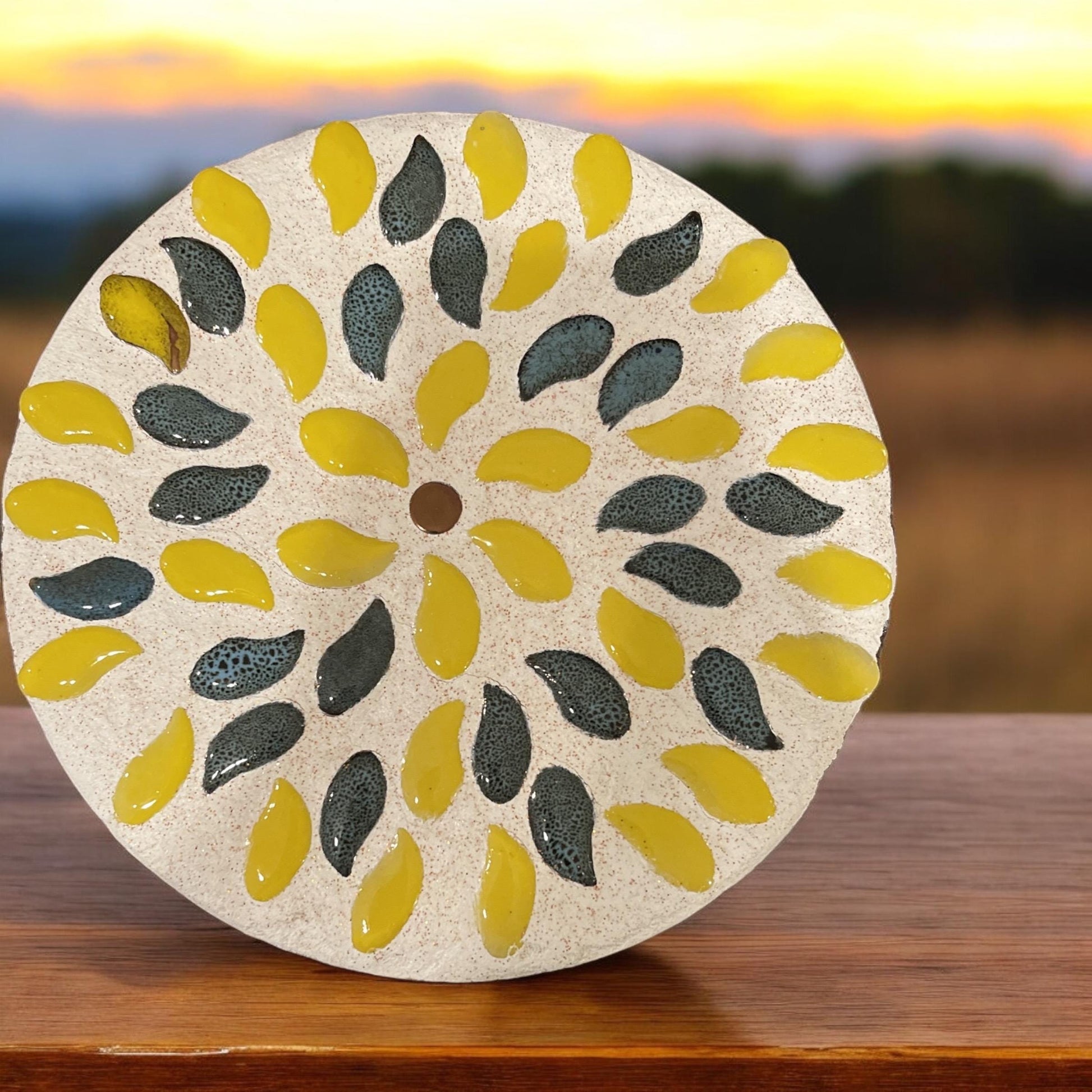 10-inch handcrafted botanical petal mosaic plant stand with colorful floral design, perfect for displaying potted plants.