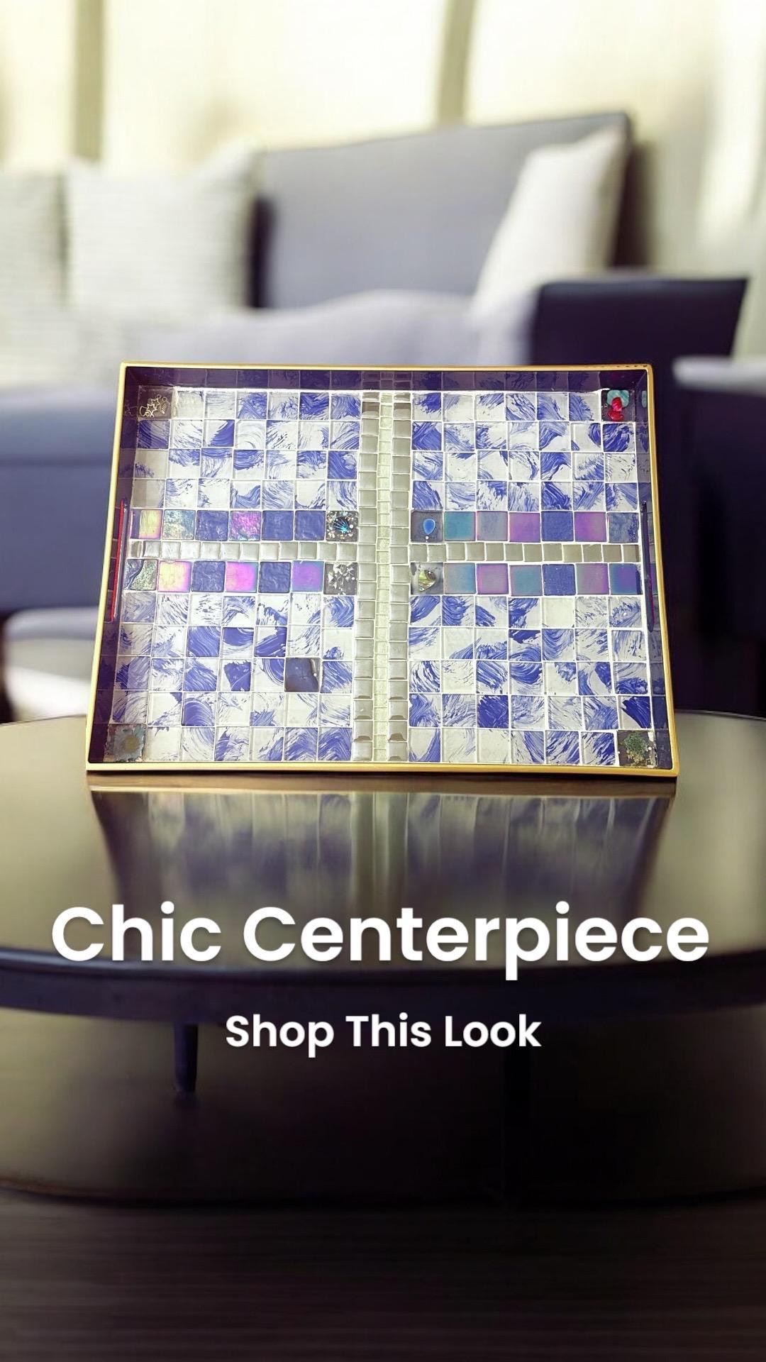 Artisan Ocean Blue Mosaic Serving Tray with intricate tile design, perfect for serving snacks or display.