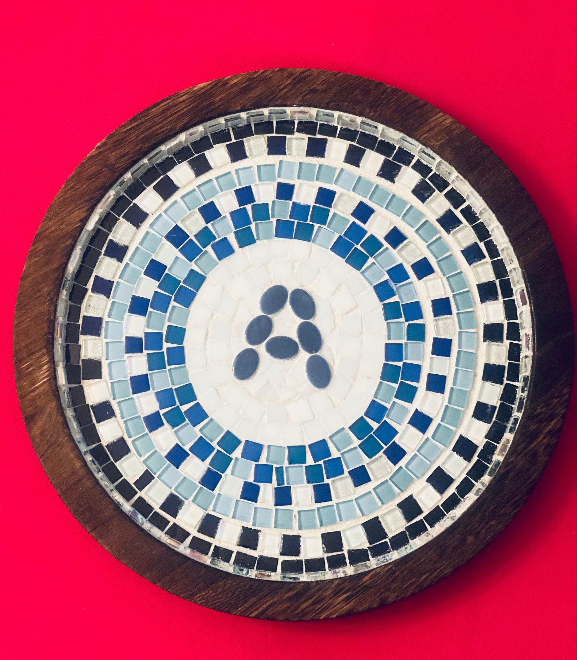 Grecian Blue Geometric Mosaic Wall Art featuring intricate blue and white mosaic patterns for decorative wall decor.