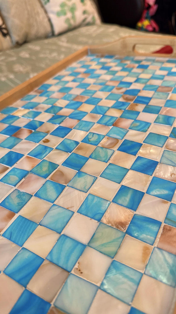 Turquoise Mother of Pearl Mosaic Wooden Bed Tray