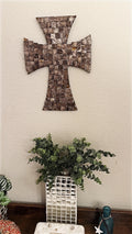 Mother of Pearl mosaic cross with intricate pearl inlay, showcasing a detailed religious wall decor piece.