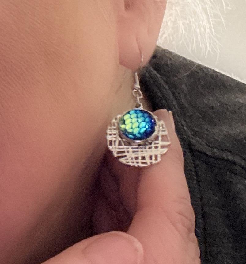 Vintage boho mermaid scale drop earrings with iridescent finish, featuring a dangle design and intricate detailing.