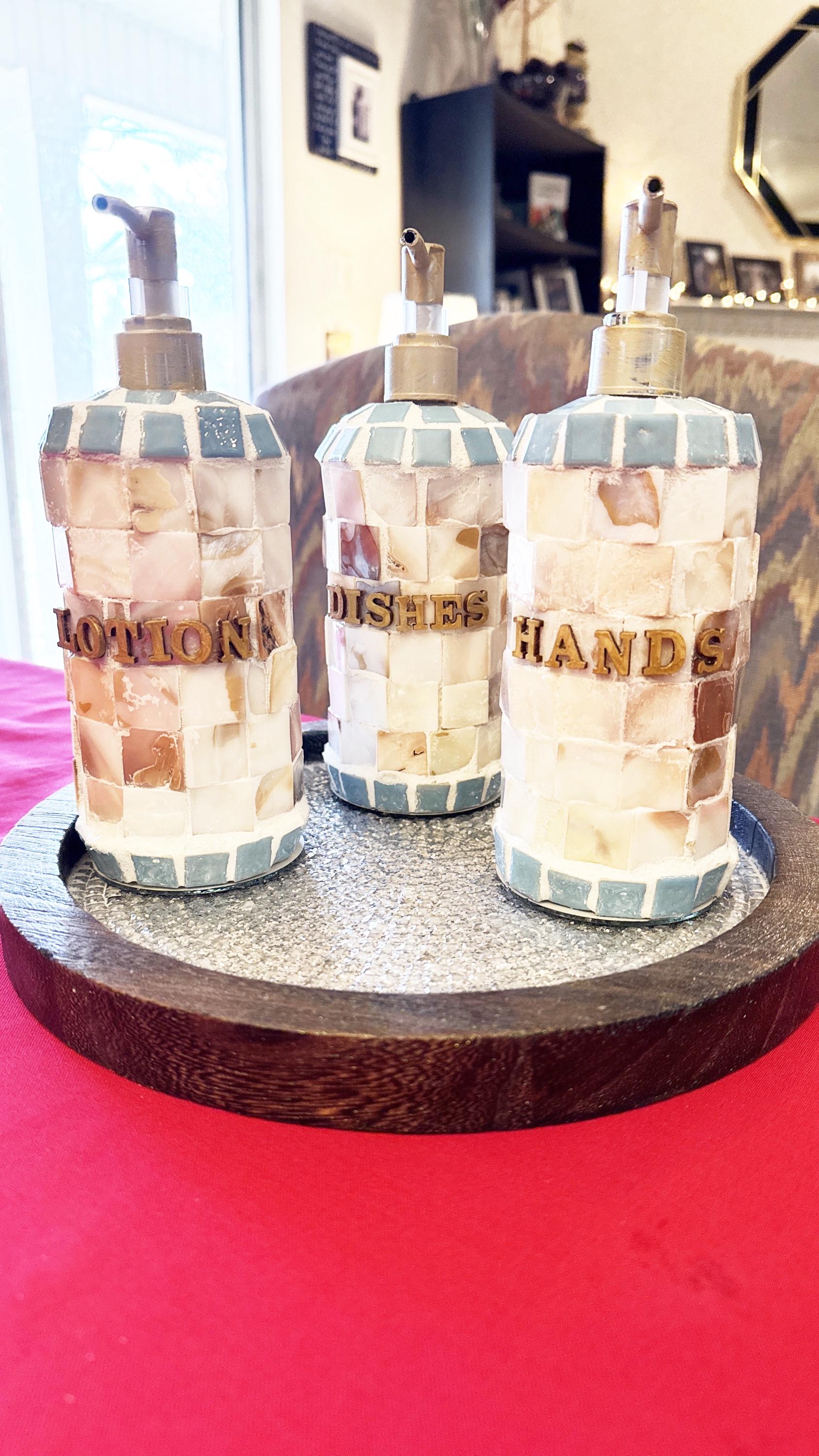 Handmade iridescent mother of pearl mosaic soap with shimmering, colorful surface showcasing intricate mosaic pattern.
