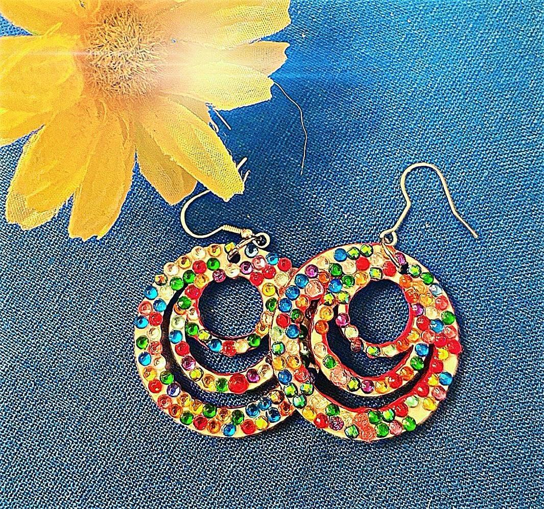 Multicolored crystal on wood hoop earrings with silver accents, stylish jewelry for a vibrant look