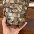 Mocha and cream mosaic mother of pearl planter with intricate pattern, handcrafted by Miss Bette's Creations.