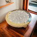 Handmade gold mirror and silver glass mosaic decorative plate with intricate design and reflective surface.