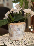 Handcrafted mother of pearl mosaic planter by Miss Bette's Creations, featuring intricate pearl inlay on a round ceramic base.