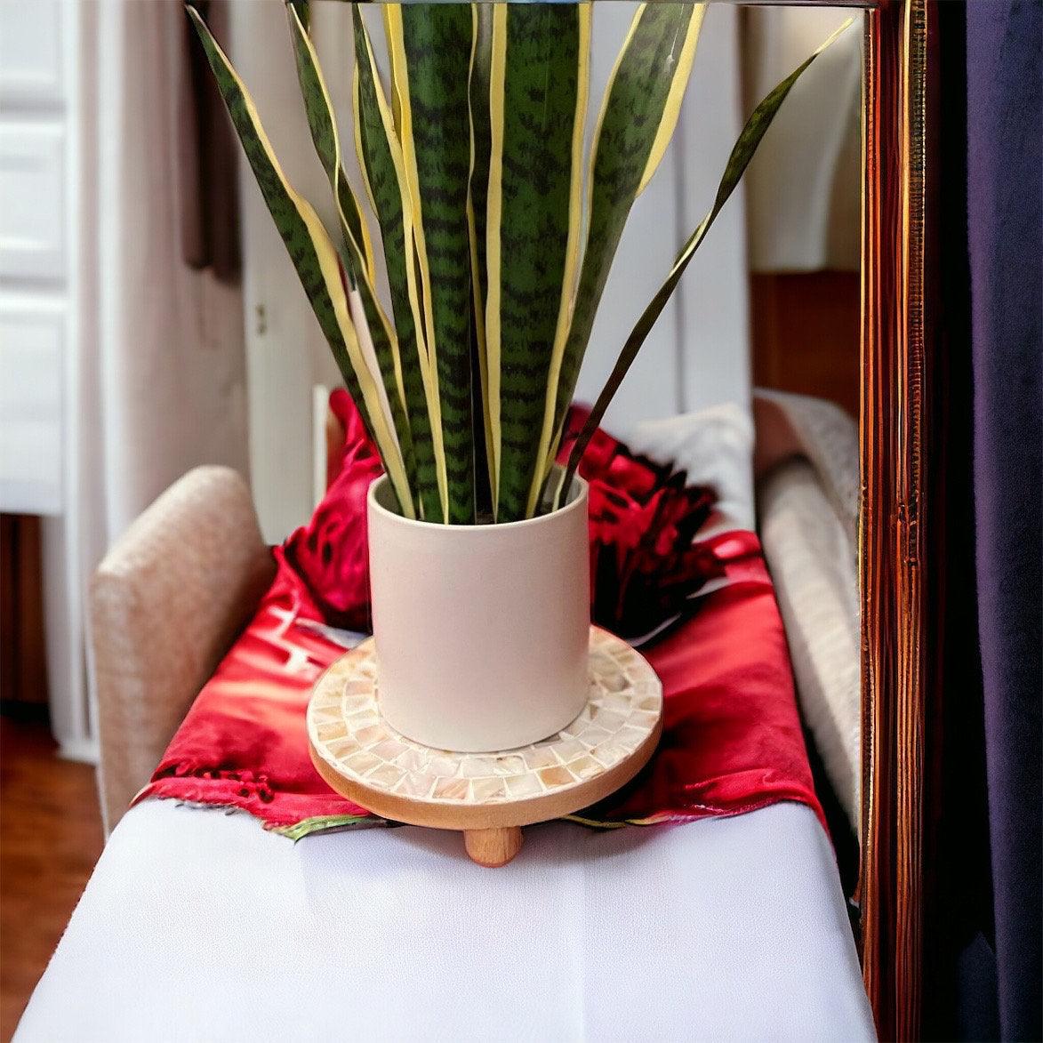 Handmade mother of pearl mosaic plant stand with intricate design, perfect for displaying indoor or outdoor plants.