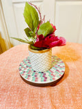 Handcrafted pink and green mosaic plant stand by Miss Bette's Creations, featuring vibrant geometric tile patterns.