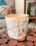 Handcrafted Mother of Pearl mosaic planter by Miss Bette's Creations with intricate pearl inlay and a decorative floral design.