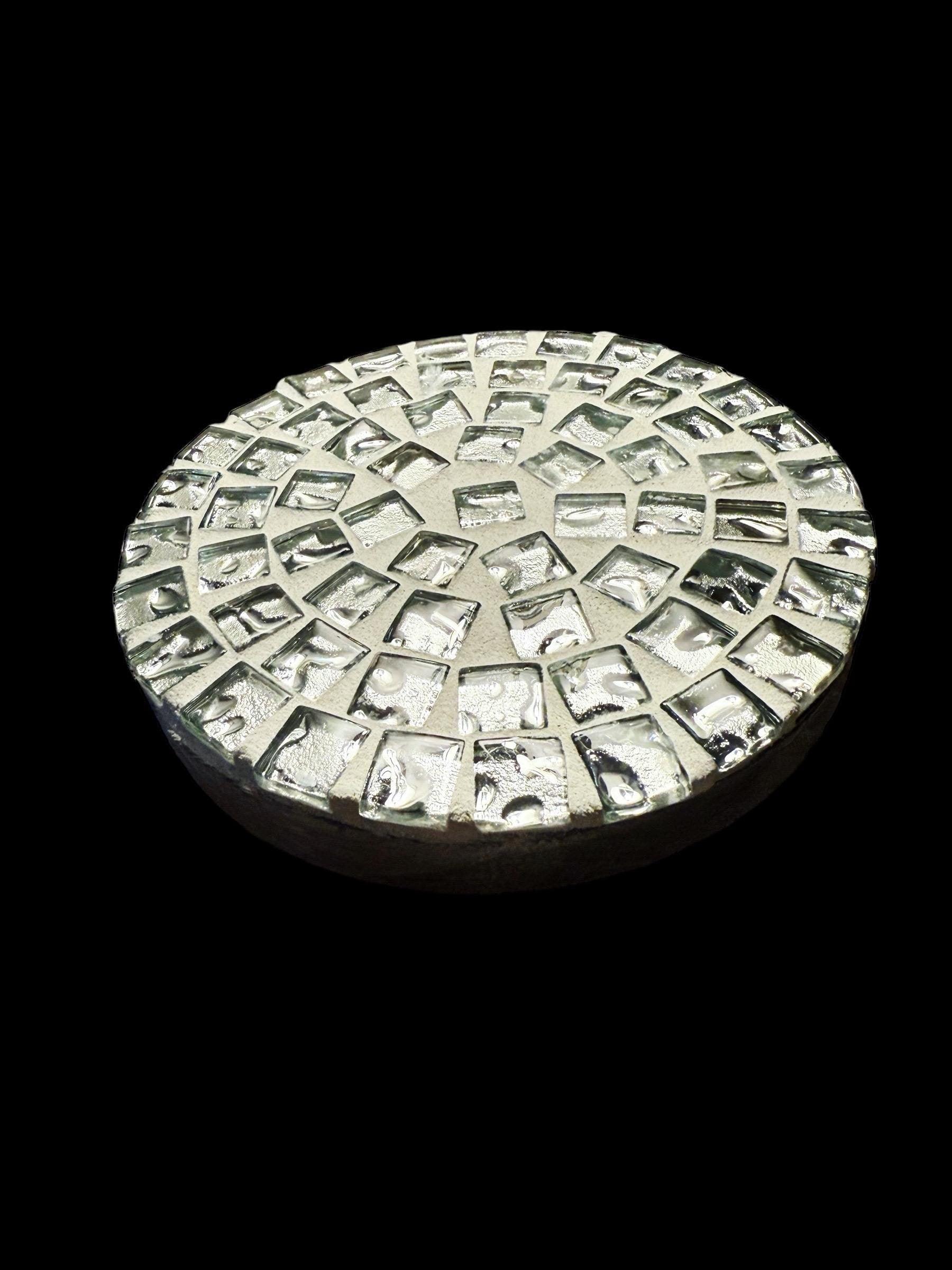 Handcrafted metallic mosaic plant stand set with intricate tile patterns, perfect for showcasing potted plants.