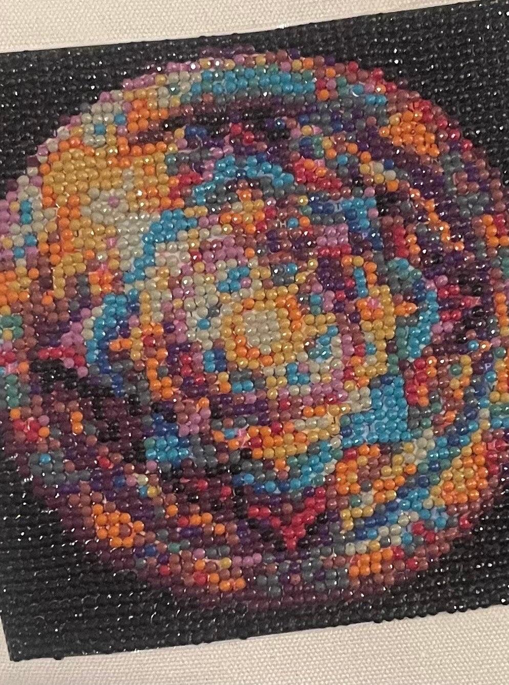 Colorful handmade diamond art mandala canvas tote bag featuring intricate geometric patterns and sturdy handles.