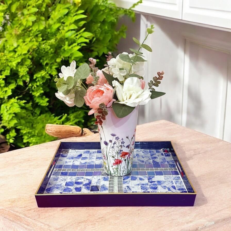 Artisan Ocean Blue Mosaic Serving Tray with intricate tile pattern, perfect for serving snacks or displaying decor.