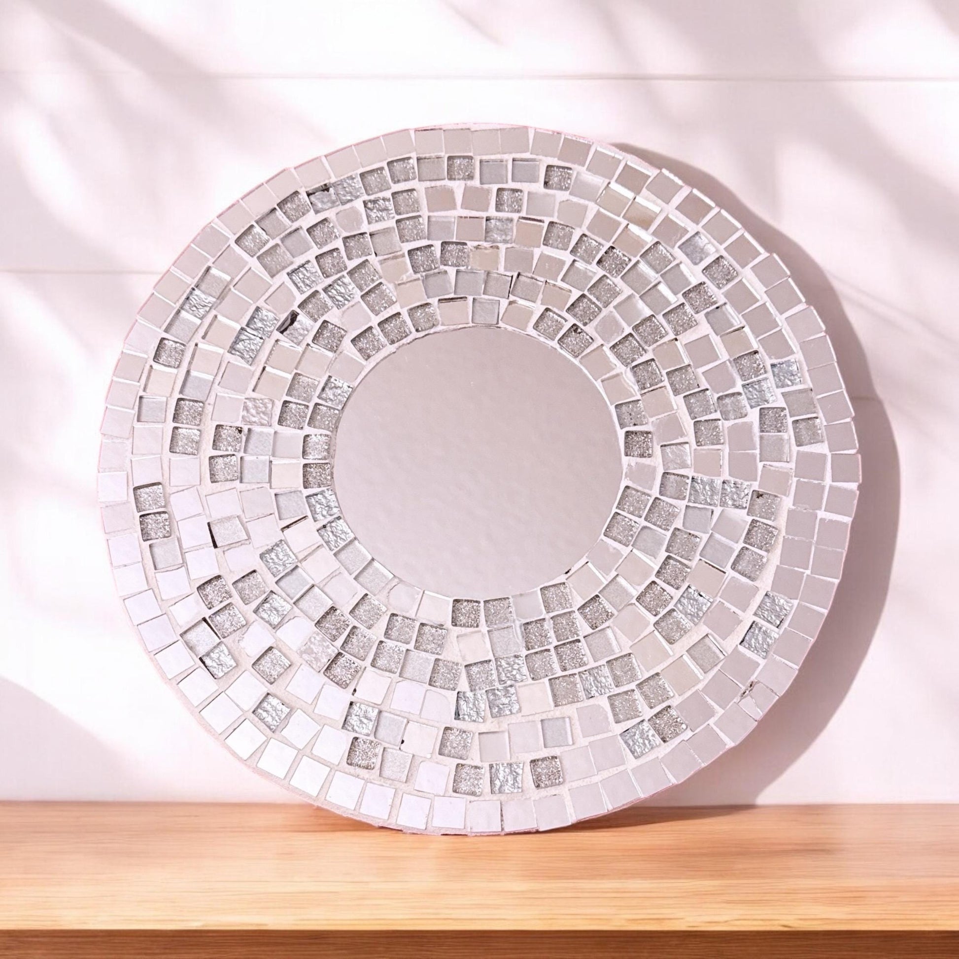 Reflective mirror mosaic pedestal stand by Miss Bette's Creations, showcasing a stylish, decorative display surface with intricate mirror tiles.