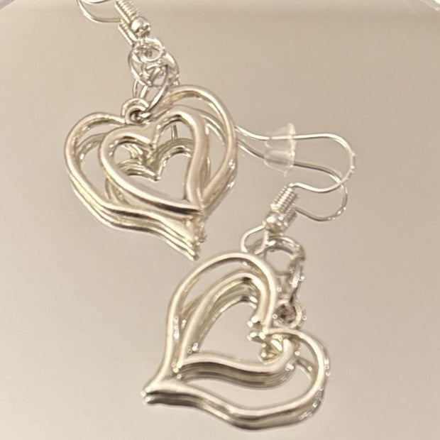 Heart Shaped Stainless Steel Drop Earrings - Elegant Hearts Within Hearts Design