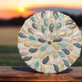 Handcrafted botanical petal mosaic plant stand with colorful floral design, ideal for indoor or outdoor decorative plants