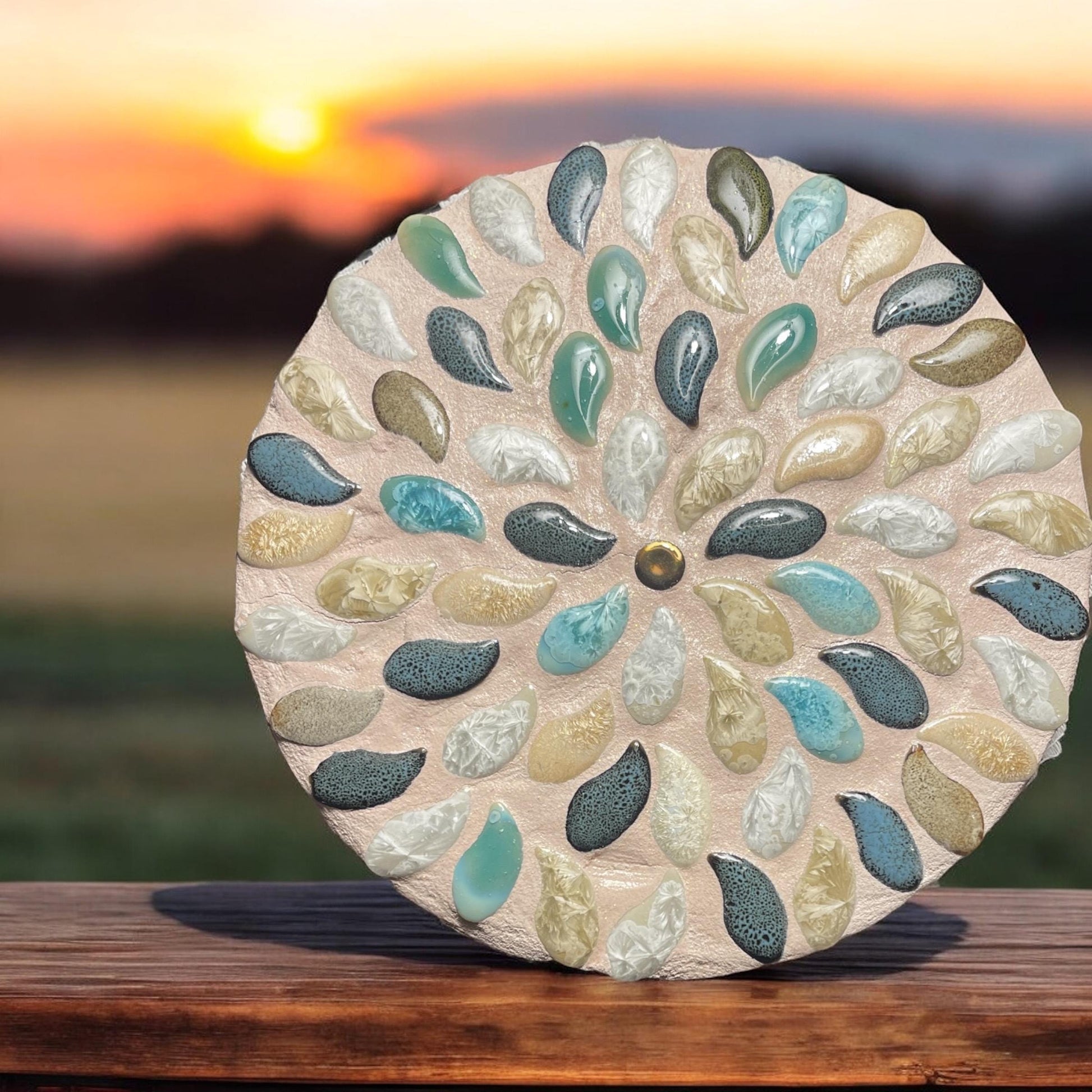 Handcrafted botanical petal mosaic plant stand with colorful floral design, ideal for indoor or outdoor decorative plants