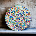 10-inch handcrafted rainbow mosaic plant stand by Miss Bette's Creations featuring colorful tiled design and sturdy metal legs.